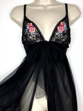 Victoria Secret Sexy Little Things TIE FRONT Babydoll Large SHEER CHIFFON & Lace